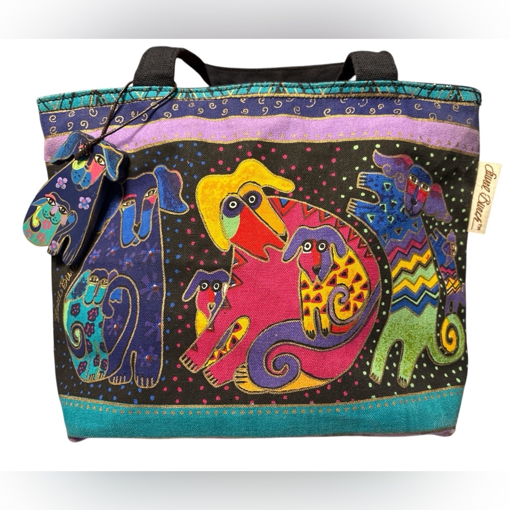 Laurel Burch Small‎ Canvas Tote Handbag Dogs Pattern Wood Charm EUC